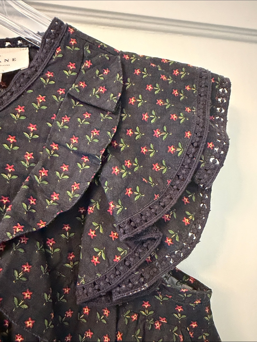 Sézane Floral Ruffle Sleeveless Top — Black with Pink & Green Micro-Print - Picture 5 of 6